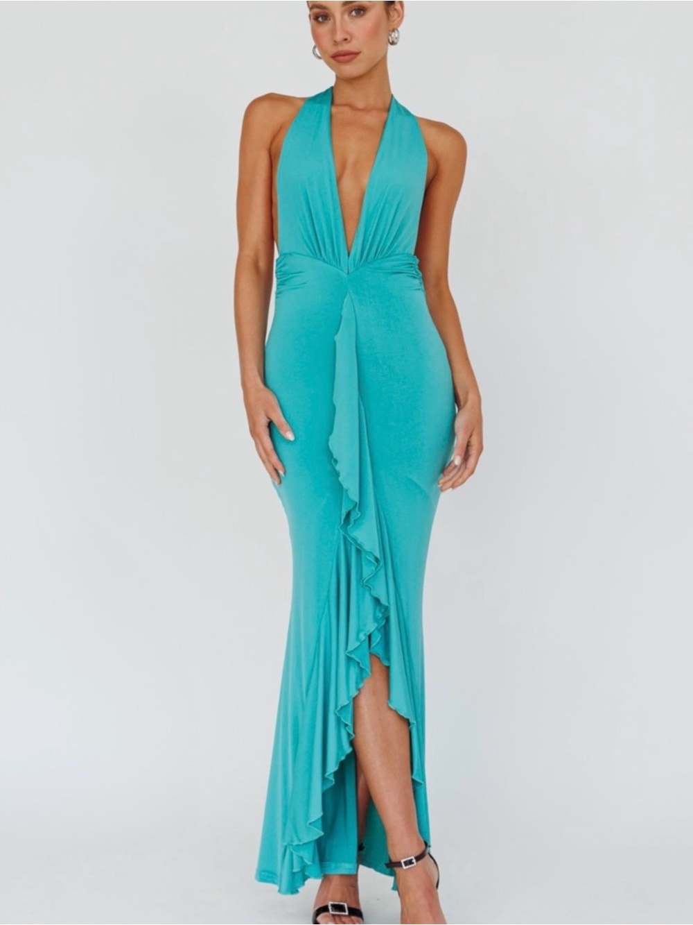 Zaphirah Halterneck Ruffle Maxi Dress in Turquoise